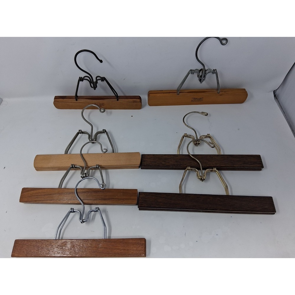Lot of 7 Vintage Hangers Wood Pant Skirt Clamp Assorted Brands Colors Sizes. X